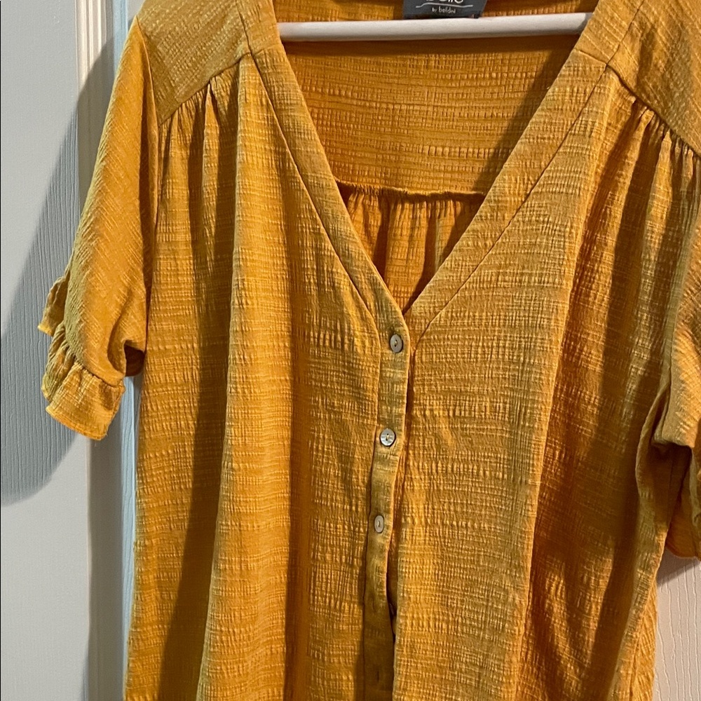 Belle Mustard Button-Up Blouse with ruffled sleeves